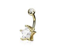 PiercedOff 316L Surgical Steel Gold Tone Belly Bar with Double Gemmed 7mm Clear Solitaire Star - Thickness 14GA (1.6mm) Length 10mm / Top Ball is 5mm and Star Size is 8mm