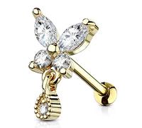 PiercedOff 316L Surgical Steel IP Gold Tone Cartilage Barbell with CZ Butterfly with tear Drop Dangle - Thickness 16GA (1.2mm) / Length 6mm / Ball Size 3mm / Butterfly 7 x 5.5mm