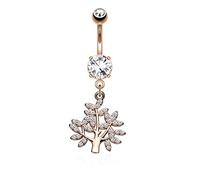 PiercedOff 316L Surgical Steel IP Rose Gold Tone Belly Bar with Clear CZ Life Tree Dangle - Thickness 14GA (1.6mm) / Length 10mm / Ball Size 5mm / Gem Size 7mm / Tree 17mm