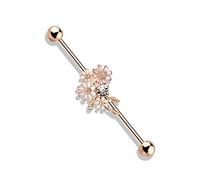 PiercedOff 316L Surgical Steel IP Rose Gold Tone Externally Threaded Clear CZ and Pink Enamel Flower Bouquet Industrial Barbell - Thickness 14GA (1.6mm) / Length 38mm / Ball Size 5mm