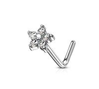 PiercedOff 316L Surgical Steel L Bend Flower Nose Stud with Clear CZ Petals - Thickness 20GA (0.8mm) / Length 6mm / Flower Size 4.6mm