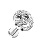 PiercedOff 316L Surgical Steel Labret with Large Clear CZ Paved Smiley Face - Length 6mm Width 1.2mm
