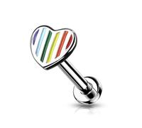 PiercedOff 316L Surgical Steel Labret with Rainbow Striped Heart - Length 8mm Width 1.2mm