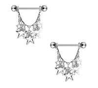 PiercedOff 316L Surgical Steel Nipple Bar with Clear Crystals and Stars Dangle - Pack of 2 Nipple Bars