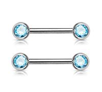 PiercedOff 316L Surgical Steel Nipple Bar with Forward Facing Aqua CZ Gem Balls - Thickness 14GA (1.6mm) / Length 14mm / Ball Sizes 6mm - Sold as a Pack of 2 Nipple Bars