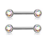 PiercedOff 316L Surgical Steel Nipple Bar with Forward Facing Aurora Borealis CZ Gem Balls - Thickness 14GA (1.6mm) / Length 12mm / Ball Sizes 5mm - Sold as Pack of 2 Nipple Bars