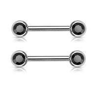 PiercedOff 316L Surgical Steel Nipple Bar with Forward Facing Black CZ Gem Balls - Thickness 14GA (1.6mm) / Length 12mm / Ball Sizes 5mm - Sold as a Pack of 2 Nipple Bars