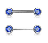 PiercedOff 316L Surgical Steel Nipple Bar with Forward Facing Blue CZ Gem Balls - Thickness 14GA (1.6mm) / Length 12mm / Ball Sizes 5mm - Sold as a Pack of 2 Nipple Bars