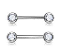 PiercedOff 316L Surgical Steel Nipple Bar with Forward Facing Clear CZ Gem Balls - Thickness 14GA (1.6mm) / Length 12mm / Ball Sizes 5mm - Sold as a Pack of 2 Nipple Bars