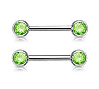 PiercedOff 316L Surgical Steel Nipple Bar with Forward Facing Green CZ Gem Balls - Thickness 14GA (1.6mm) / Length 12mm / Ball Sizes 5mm - Sold as a Pack of 2 Nipple Bars