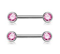 PiercedOff 316L Surgical Steel Nipple Bar with Forward Facing Pink CZ Gem Balls - Thickness 14GA (1.6mm) / Length 12mm / Ball Sizes 5mm - Sold as a Pack of 2 Nipple Bars