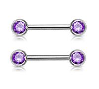 PiercedOff 316L Surgical Steel Nipple Bar with Forward Facing Tanzanite CZ Gem Balls - Thickness 14GA (1.6mm) / Length 16mm / Ball Sizes 6mm - Sold as a Pack of 2 Nipple Bars