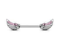 PiercedOff 316L Surgical Steel Nipple Bar with Pink CZ Lined Angel Wings - Thickness 14GA (1.6mm) / Length 14mm / Wing Size 10mm x 5mm