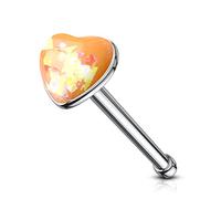 PiercedOff 316L Surgical Steel Nose Bone Stud with Orange Synthetic Opal Glitter Heart Top - Thickness 20GA (0.8mm) / Length 6mm / Heart Size 3mm