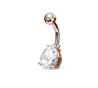 PiercedOff 316L Surgical Steel Rose Gold Tone Belly Bar with Clear Double Gemmed 7mm Solitaire Teardrop - Thickness 14GA (1.6mm) Length 10mm / Top Ball is 5mm and 7mm Tear Drop
