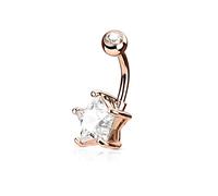 PiercedOff 316L Surgical Steel Rose Gold Tone Belly Bar with Clear Double Gemmed Solitaire Star - Thickness 14GA (1.6mm) / Length 10mm / Top Ball 5mm an Star Size 10mm