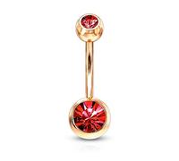 PiercedOff 316L Surgical Steel Rose Gold Tone IP Belly Bar with Externally Threaded Red CZ Balls - Thickness 14GA (1.6mm) / Length 10mm / Ball Sizes 5mm Top and 8mm Bottom