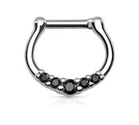 PiercedOff 316L Surgical Steel Septum Clicker Ring with 5 Black CZ Gems - Thickness 1.2mm Length 6mm