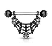 PiercedOff Black Nipple Bar with 3 Spiders on a Web Dangle