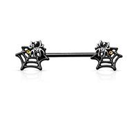 PiercedOff Black Nipple Bar with Spiders on a Web