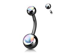 PiercedOff Black PVD over 316L Surgical Steel Belly Bar with 2 Clear Iridescent Stones