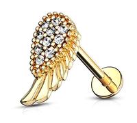 PiercedOff Gold Tone 316L Surgical Steel Labret with Paved Clear CZ Angel Wing - Length 6mm Width 1.2mm
