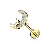 PiercedOff Gold Tone 316L Surgical Steel Labret with Paved Clear CZ Crescent Moon - Length 6mm Width 1.2mm