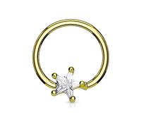 PiercedOff Gold Tone IP over 316L Surgical Steel 1.2mm BCR with 3mm Clear CZ Star - Ring Size 10mm