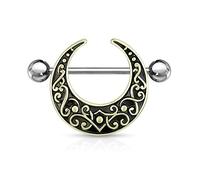 PiercedOff Gold Tone IP over 316L Surgical Steel Nipple Bar Shield with Antique Crescent Filigree Moon - Thickness 14GA (1.6mm) / Length 16mm / Ball Size 5mm
