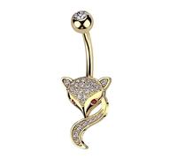 PiercedOff Gold Tone PVD over 316L Surgical Steel Belly Bar with Clear Pave CZ Fox Head and Red CZ Eyes