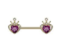 PiercedOff Gold Tone PVD over 316L Surgical Steel Nipple Bar with a Crown and Purple Crystal Heart