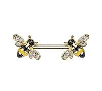 PiercedOff Gold Tone PVD over 316L Surgical Steel Nipple Bar with Clear CZ Bee Ends