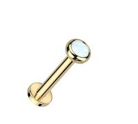 PiercedOff Gold Tone PVD over Titanium Internally Threaded 1.2mm Labret with a Flat Bezel Set White Synthetic Opal Top - Length 6mm
