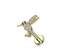 PiercedOff Gold Tone316L Surgical Steel Labret with Paved Clear CZ Humming Bird - Length 6mm Width 1.2mm