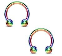 PiercedOff Rainbow Titanium IP over 316L Surgical Steel 1.2mm Horseshoe with 4mm Balls - Ring Size 10mm - Sold as a Pack of 2 Horseshoes