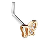 PiercedOff Rose Gold PVD over 316L Surgical Steel 0.8mm L-Bend Nose Stud with a Clear CZ Butterfly Head