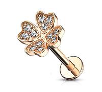 PiercedOff Rose Gold Tone 316L Surgical Steel Labret with CZ Jewelled Shamrock - Length 8mm Width 1.2mm