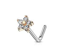PiercedOff Rose Gold Tone IP over 316L Surgical Steel L Bend Flower Nose Stud with Clear CZ Petals - Thickness 20GA (0.8mm) / Length 6mm / Flower Size 4.6mm