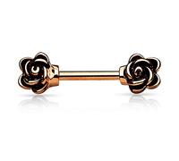 PiercedOff Rose Gold Tone IP over 316L Surgical Steel Nipple Bar with Cast Flower Ends - Thickness 14GA (1.6mm) / Length 12mm / Flower Size 6.5mm