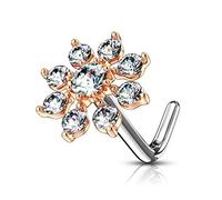 PiercedOff Rose Gold Tone PVD over 316L Surgical Steel 0.8mm L-Bend Nose Stud with a Double Tiered Clear CZ Starburst Top