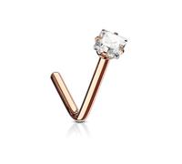 PiercedOff Rose Gold Tone PVD over 316L Surgical Steel 1mm L-Bend Nose Stud with a Clear Square CZ Centre