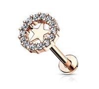PiercedOff Rose Gold Tone PVD over 316L Surgical Steel 6mm Labret with a Clear CZ Paved Circle and a Star Centre