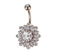 PiercedOff Rose Gold Tone PVD over 316L Surgical Steel Belly Bar with a Large Sunburst around a Clear CZ Gem Centre