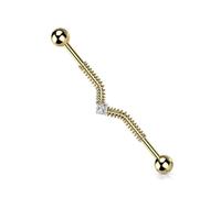 PiercedOff Surgical Steel Gold Tone Industrial Bar with Spring Coil and a Clear Central Gem - Bar Length 38mm Bar Thickness 16mm (14GA)