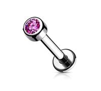 PiercedOff Titanium Labret with Internally Threaded Bezel Set Round Pink CZ Gem - Thickness 16GA (1.2mm) / Length 8mm / Ball Size 3mm