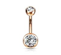 PiercedOff Titanium Rose Gold Tone IP Belly Bar with Externally Threaded Clear CZ Gem Balls - Thickness 14GA (1.6mm) / Length 10mm / Ball Sizes 5mm Top and 8mm Bottom