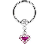 Piercing Ring Steel 1.6 x 12 mm and 5 mm Stone Ball with Chain and Diamond with Stones in Clear Pink