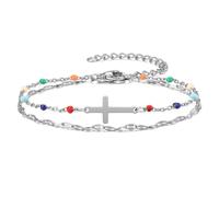 PiercingJ Dainty Double Layer Sideways Cross Bracelet Gold Silver Plated Christian Communion Confirmation Gift Colorful Beads Bracelets for Women, normal, Stainless Steel, no gemstone