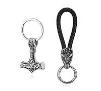 PiercingJak 2pcs Men Norse Thor's Hammer Keychain Genuine Leather Wolf Head Keychain Stainless Steel Nordic Mjolnir Key Rings Celtic Pagan Symbol Key Chain Amulet Jewelry