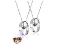 PiercingJak 2pcs Personalised Picture Necklace Projection Necklace with Photo Inside Custom Picture Pendant His Crazy Her Weirdo Matching Promise Rings Couple Necklaces Anniversary Valentines Day